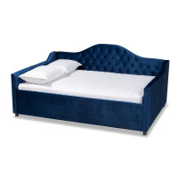 Baxton Studio CF8940-Navy Blue-Daybed-Q Perry Modern and Contemporary Royal Blue Velvet Fabric Upholstered and Button Tufted Queen Size Daybed